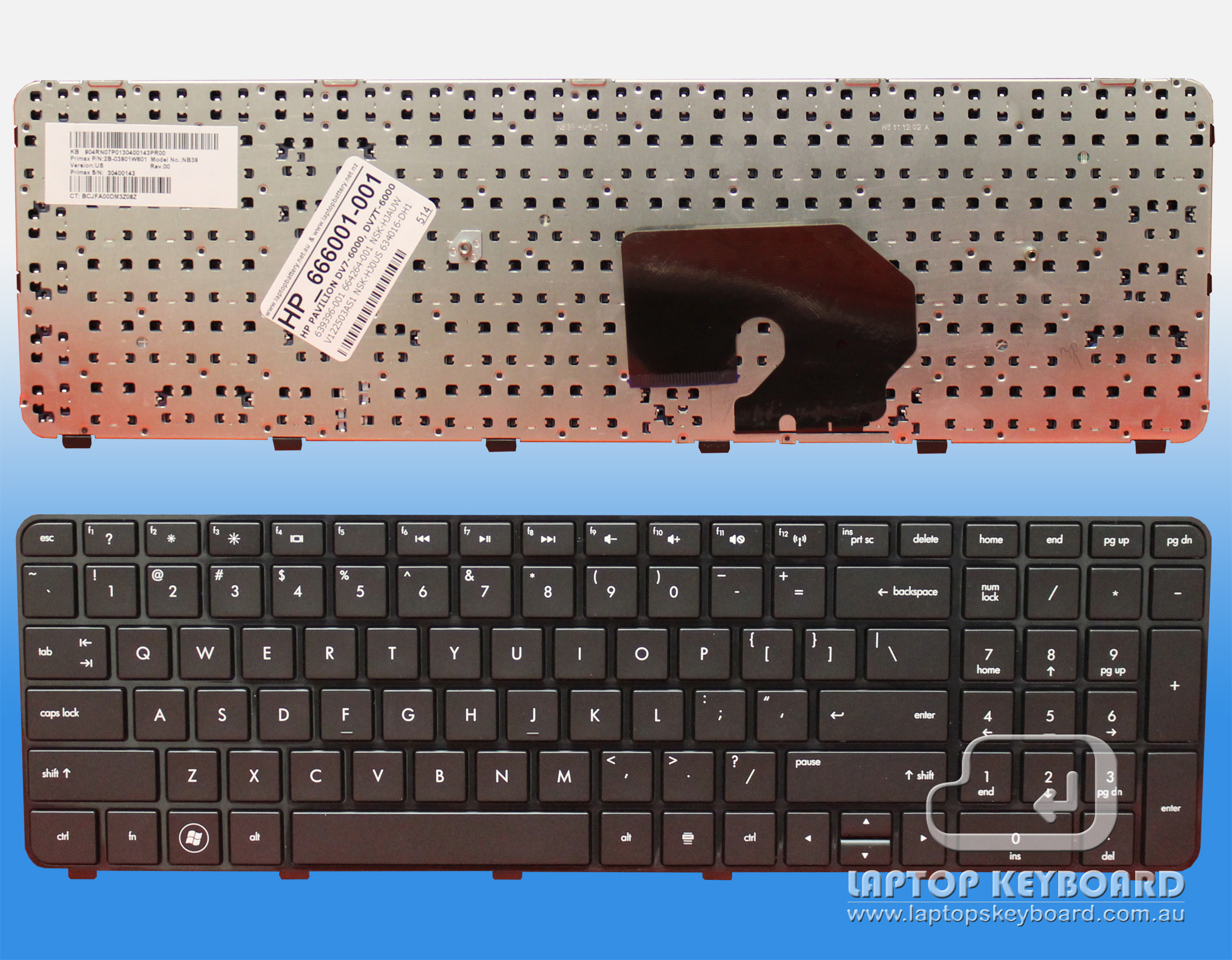 HP PAVILION DV7-6000, DV7T-6000 US KEYBOARD 666001-001 - Click Image to Close